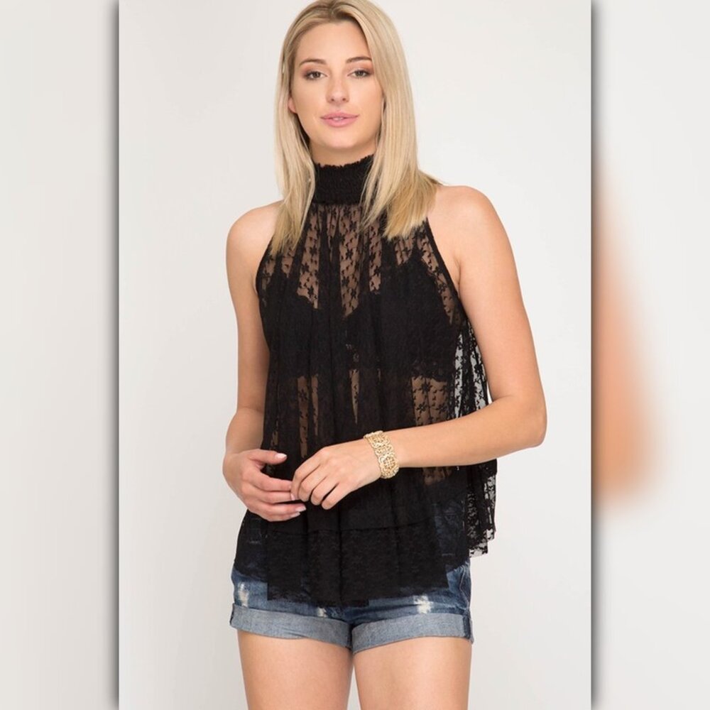 A101 • Black Sleeveless Smocked Mock Neck Swing Top